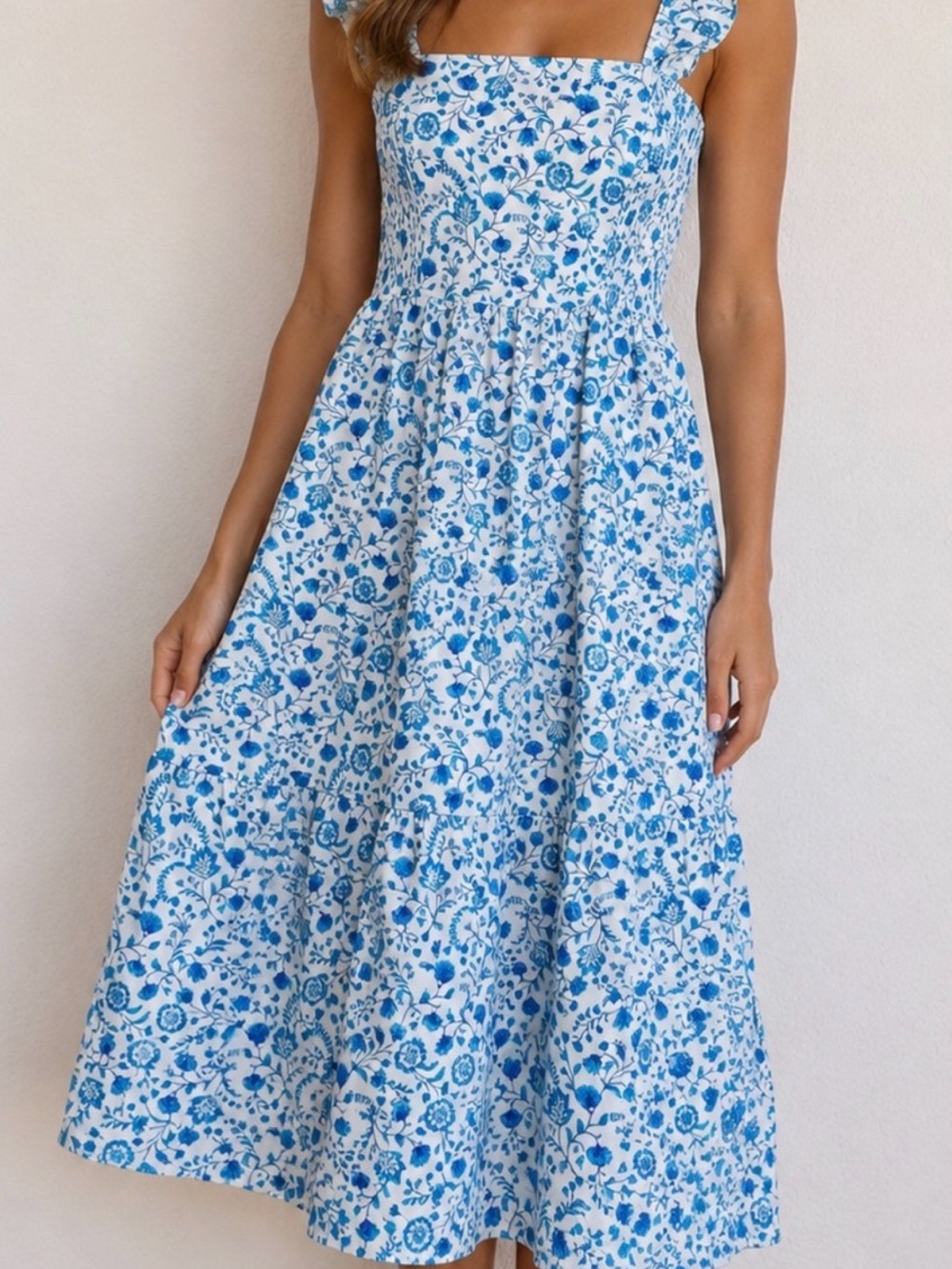 Draper James White and Blue Floral Square-Neck Maxi Dress